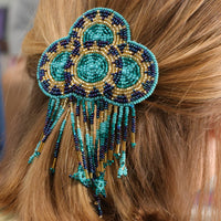 Hair Clip, Clouds & Rain Design, Silver-Lined Aqua and Crystal Seed Beads, 5 inches long