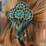 Hair Clip, Clouds & Rain Design, Silver-Lined Aqua and Crystal Seed Beads, 5 inches long