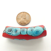 Millefiori Antique Venetian Trade Bead, Turquoise and Red Elbow, 42x14mm