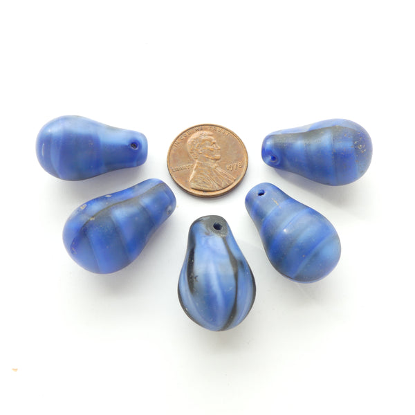 Bohemian Antique Molded Glass "Lightbulb" Beads, Blue Satin, 24mm, Set of 5