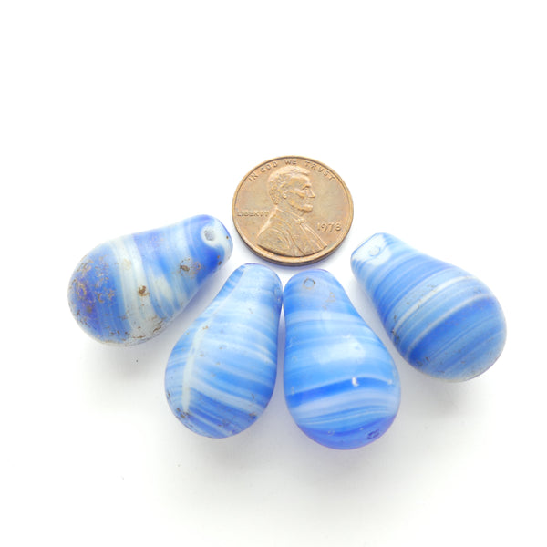 Bohemian Antique Molded Glass "Lightlbulb" Beads, Light Blue Agate, 24mm, Set of 4