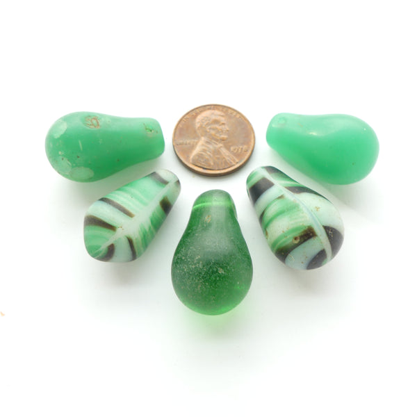 Bohemian Antique Molded Glass "Lightbulb" Beads, Green, Set of 5