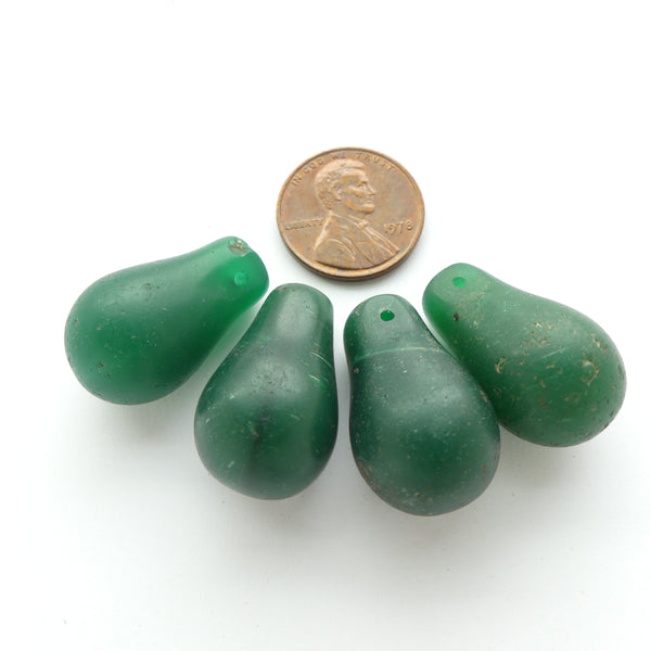 Bohemian Antique Molded Glass "Lightbulb" Beads, Green, 24mm, Set of 4