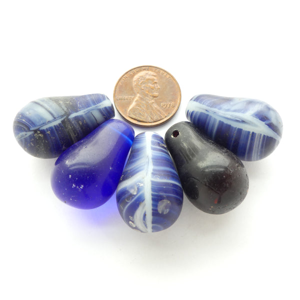 Bohemian Antique Molded Glass "Lightbulb" Beads, Blues, 24mm, Set of 5