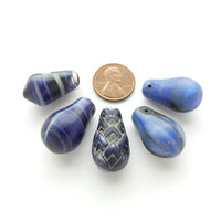 Bohemian Antique Molded Glass "Lightbulb" Beads, Blues, 24mm, Set of 5