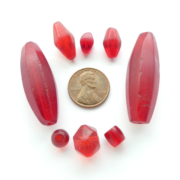 Bohemian Antique Molded Glass Beads, Red, Collector/Designer Set of 8