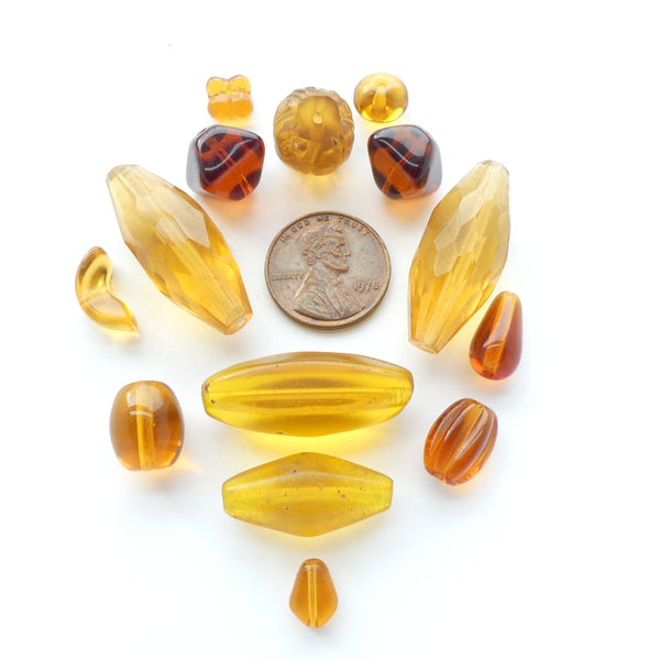 Bohemian Old and New Molded Glass Beads, Amber Color, Designer/Collector Set of 14