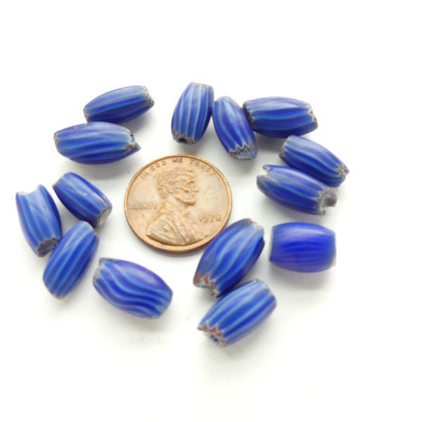 Chevrons, Vintage Venetian Blue, Pinched  "Watermelon" Beads, Set of 14