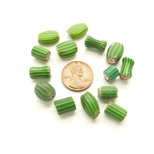 Chevrons, Vintage Venetian Green Watermelon Beads, Collector/Designer Set of 14