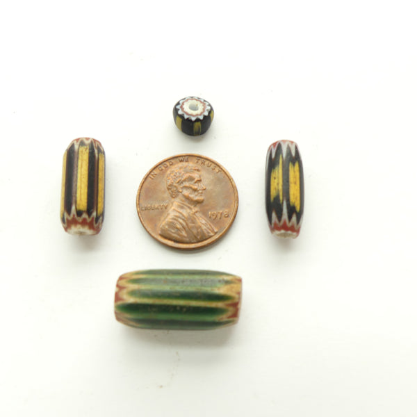 Chevrons, Antique Venetian, Collector Set of Green & Yellow Jacket Beads, Set of 4