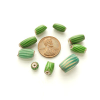 Chevrons, Vintage Venetian Green Whatermelon Beads, Sold by the Set of 9