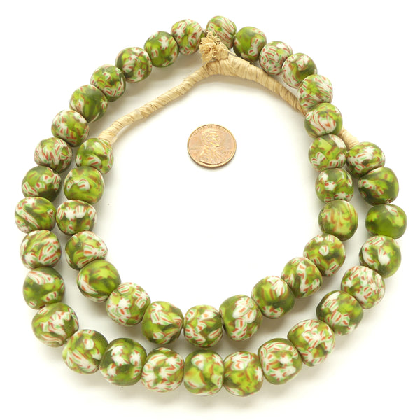 Krobo Powderglass Beads, Olive with Striped Seed Beads, 14mm Diameter on 23-inch Strands