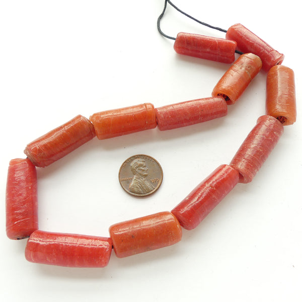 Nigerian-made Glass Beads, Orange, Wound Tubes 27x17mm on 15-inch Strands