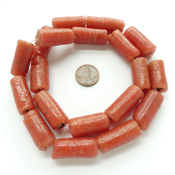 Nigerian-made Glass Beads, Orange, Wound Tubes 27x17mm on 22-inch Strand