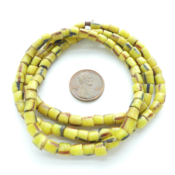 Powderglass, Vertically Striped Yellow Beads 6x5mm on 23-inch Strand