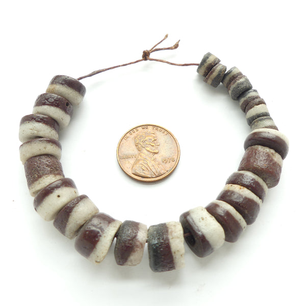 Powderglass beads, Sample Strand of Mixed Size Layered Brown and Off White,