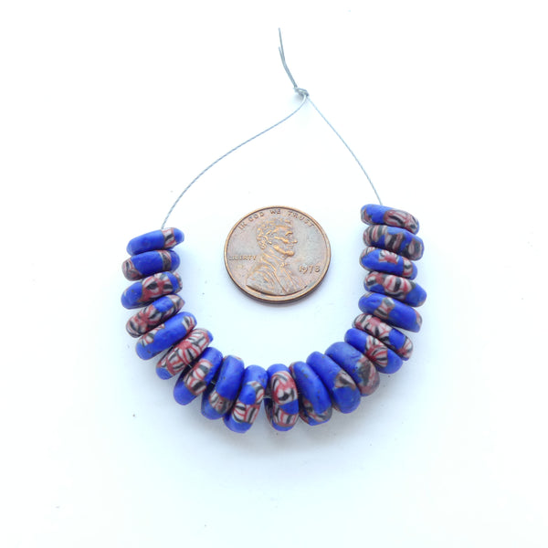 Krobo Discs, Blue with Red, Amber & Blue Seed Beads, 4x10mm, Sets of 10