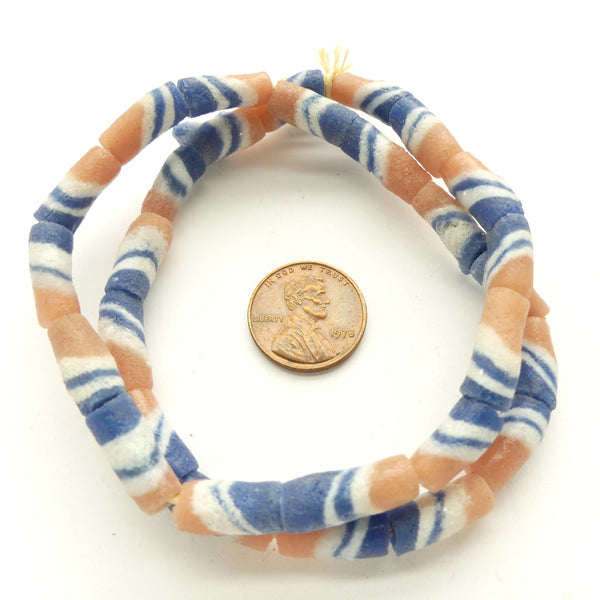 Powderglass, Vintage Three Color Version Krobo Striped Beads 14x7mm on 16-inch Strand