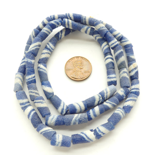 Powderglass, Long Thin Beads Blue with White, 17x6mm on 23-inch Strands