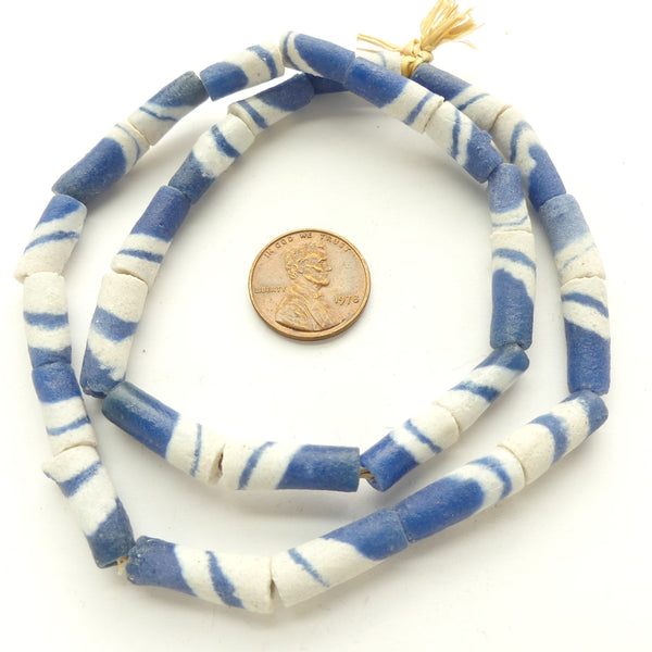 Powderglass, Longer Cylinders of Blue & White, 17x6mm on 16-inch Strands