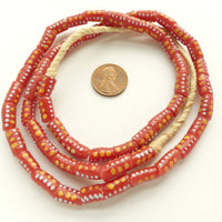 Krobo Powderglass Mini Beads, Red with Amber & White Dots, 7x6mm, on 24-inch Strands