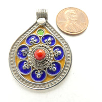 Moroccan Silver Enameled Drop Pendant, with Coral, 43x33mm