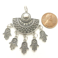 Moroccan Silver Half Moon Pendant with 5 Mini Hand Pendants, 53x42mm