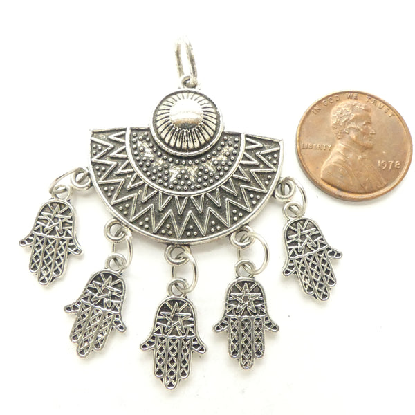 Moroccan Silver Half Moon Pendant with 5 Mini Hand Pendants, 53x42mm