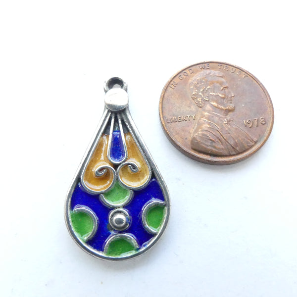 Moroccan Silver Enameled Drop Pendant, 30mm Long, 16mm at Widest Point