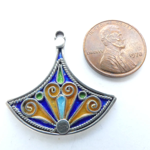 Moroccan Silver Enameled Fan Shaped Pendant, 30mm Long and 30mm Wide