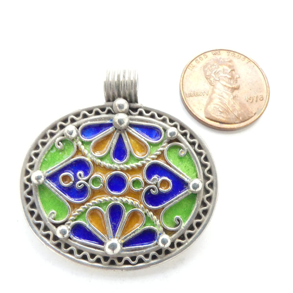 Moroccan Silver Enameled Oval Pendant, 38mm Including Loop by 26mm Wide