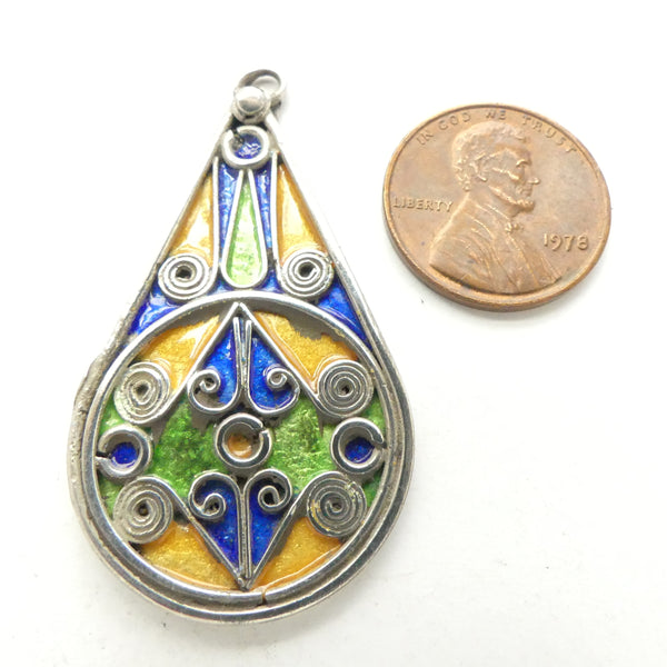 Moroccan Silver Enemeled Drop Pendants, 46mm Long x 25mm at Widest Point