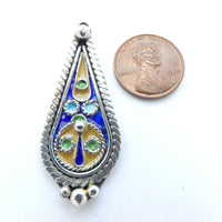 Moroccan Silver Enameled Drop Pendant, 48mm Long with Decorative Wirework