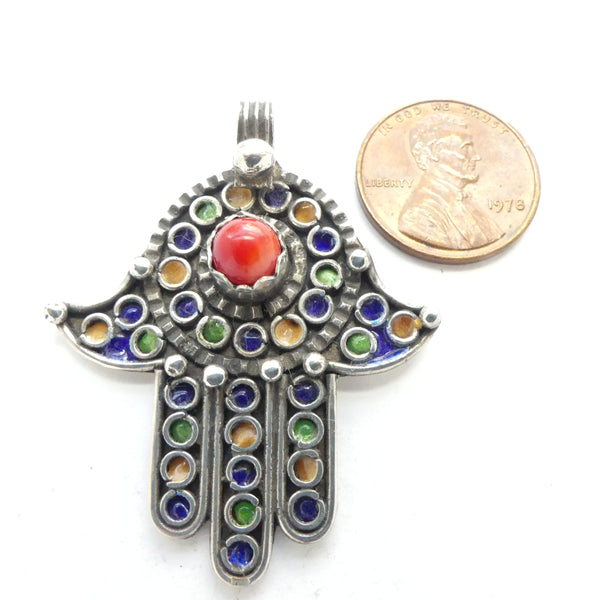 Moroccan Silver Enameled Hand Pendant with Coral, 45mm Long