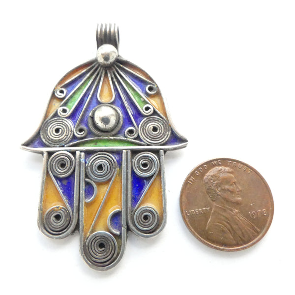 Moroccan Silver Enameled Hand Pendant, 54mm Long