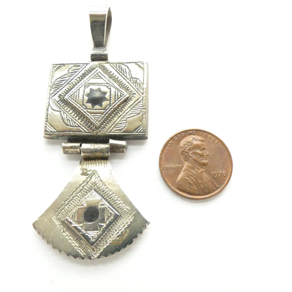 Moroccan Silver Vintage Two-Part Niello Pendant, 70mm Long