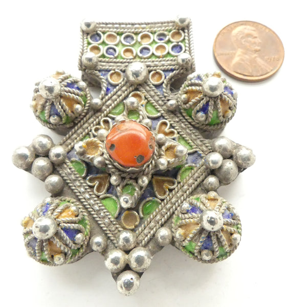 Moroccan Vintage Enameled Silver Berber Pendant with Coral, 52x63mm