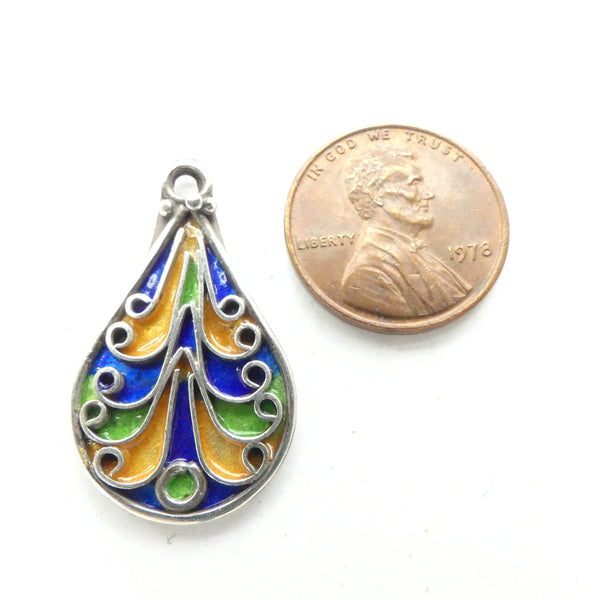 Moroccan Silver Enameled Drop Pendant, 3mm long, 15mm Wide at Base