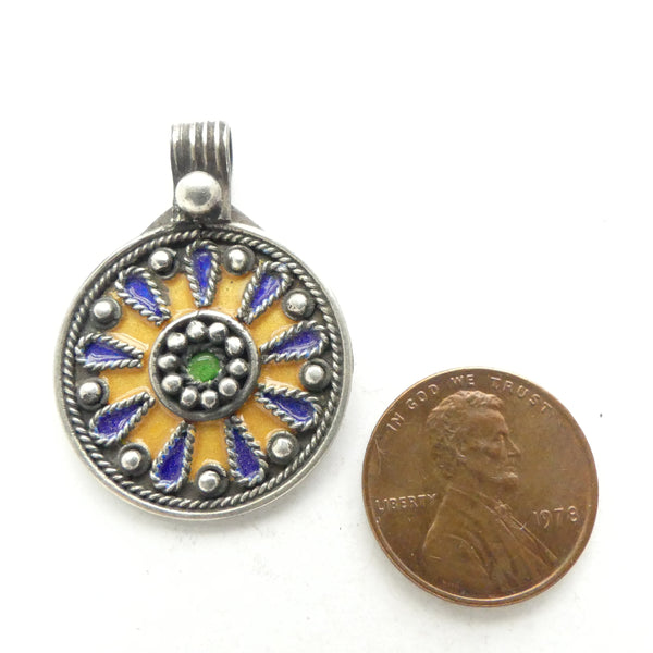 Moroccan Silver Round Enameled Pendant 24mm Diameter with Large Loop