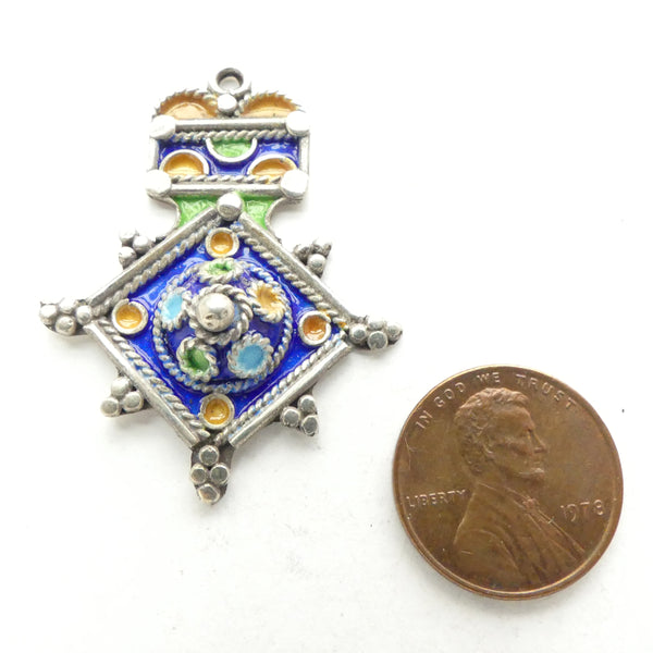 Moroccan Silver Enameled Boghdad Pendant, 40mm Long