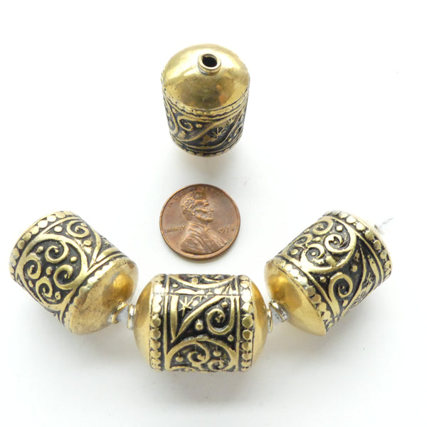 Moroccan Brass Barrel Beads with Curly Designs, 28x18mm, Sold Individually