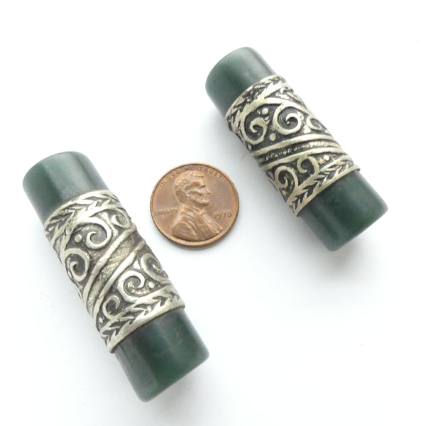 Morrocan Cylinder Beads Resin/Silver, Dark Green, 47x15mm, Sold Individually