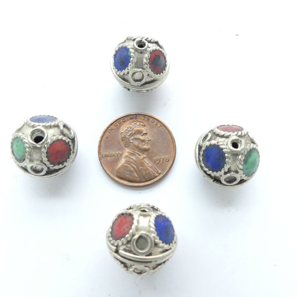 Moroccan Round Silver Beads with Multi-Color Enamel, 9mm Diameter, Sold Individually