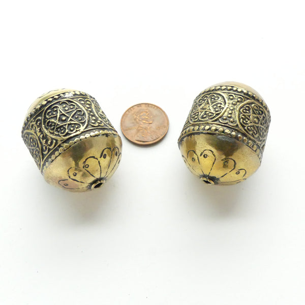 Morrocan Brass Barrel Beads, Extra Large with Stamped Designs, 38x27mm, Sold Individally