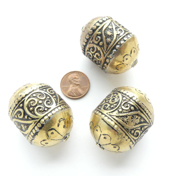 Moroccan Brass, Large Barrels with Scroll Designs, 37x27mm, Set of 3