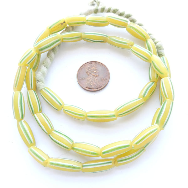 Watermelon Beads, Yellow with Green & White Stripes on 23-inch Strand