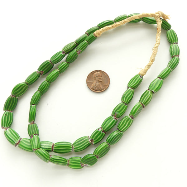 Chevrons, Vintage Venetian Green "Pinched" and Flattened "Watermelon" Beads, 23-inch strand