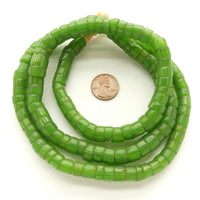 Antique Drawn Glass Beads, Jade Green Color, Short Barrels, 6x9mm on Long 29-inch Strand