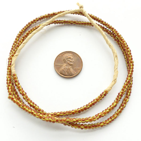 Striped Seed Beads, Red & Brown on Yellow, 2.5mm on 22-inch Strand