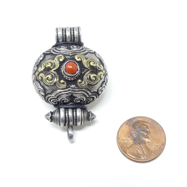 Gau Amulet Case, Silver with Fire-Gilding and Small Coral Cab, 30x45mm